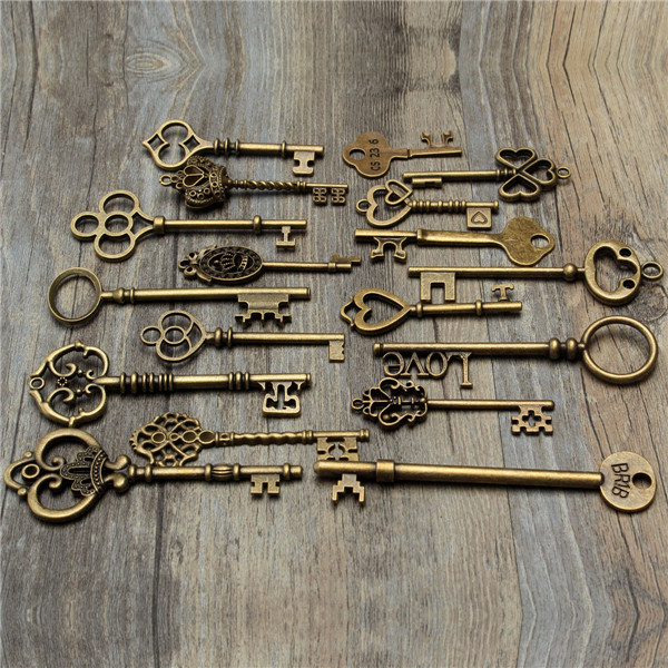 18PcsAntiqueVintageOldLookSkeletonKeyLotPendantHeartBowLockSteampunk-995561-2