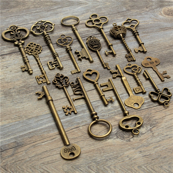 18PcsAntiqueVintageOldLookSkeletonKeyLotPendantHeartBowLockSteampunk-995561-3