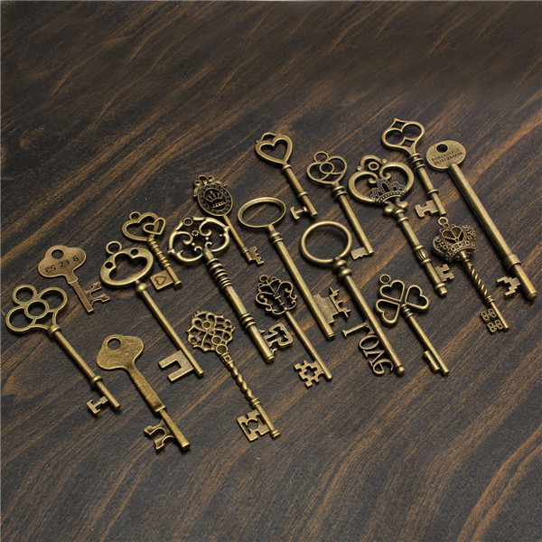 18PcsAntiqueVintageOldLookSkeletonKeyLotPendantHeartBowLockSteampunk-995561-6