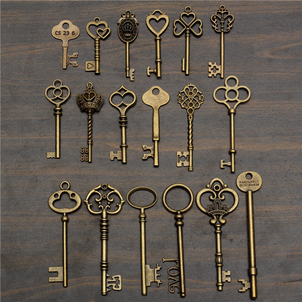 18PcsAntiqueVintageOldLookSkeletonKeyLotPendantHeartBowLockSteampunk-995561-7