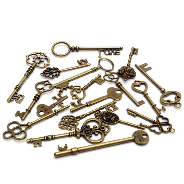 18PcsAntiqueVintageOldLookSkeletonKeyLotPendantHeartBowLockSteampunk-995561-9