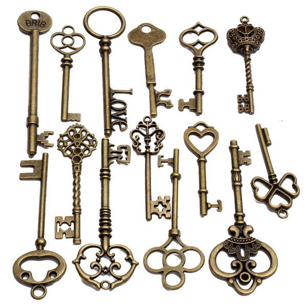 18PcsAntiqueVintageOldLookSkeletonKeyLotPendantHeartBowLockSteampunk-995561-10