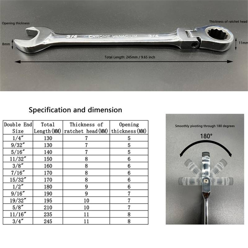 8-19mm180-degreeMovableHeadDouble-endedWrenchWithRatchetDual-UseRatchetingWrenchSetAuto-FastEffort-S-1992297-4