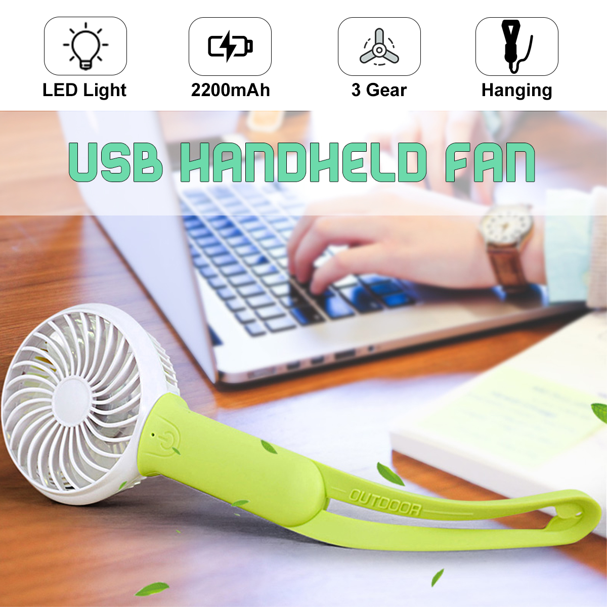 USBCoolingFanPortableHandheldFan3SpeedMiniFanLEDlight2200mAhBatteryHangingFan-1520360-2