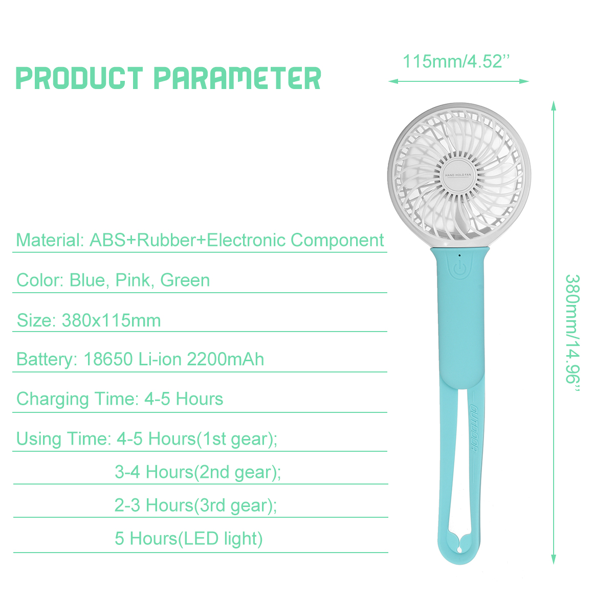 USBCoolingFanPortableHandheldFan3SpeedMiniFanLEDlight2200mAhBatteryHangingFan-1520360-9