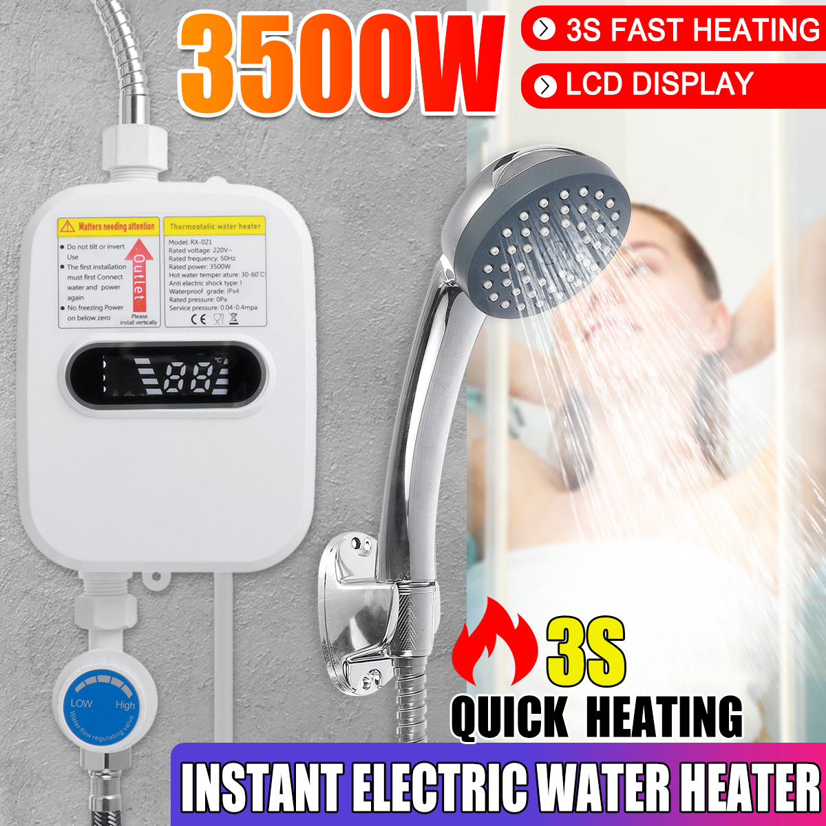 3500W110VInstantWaterHeaterShower3SHeatingBathroomKitchenTanklessElectricWaterHeaterTemperatureDispl-1937410-1