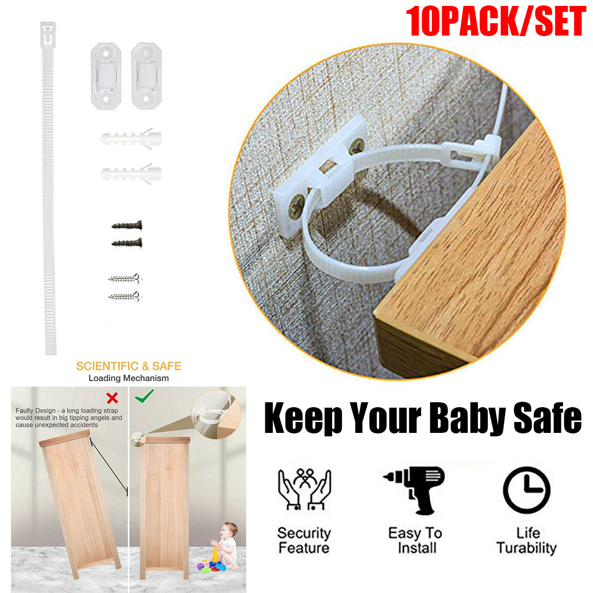 10PcssetPlasticFurnitureReverseBuckleForBabyChildProofingStrapTipLock-1655063-1