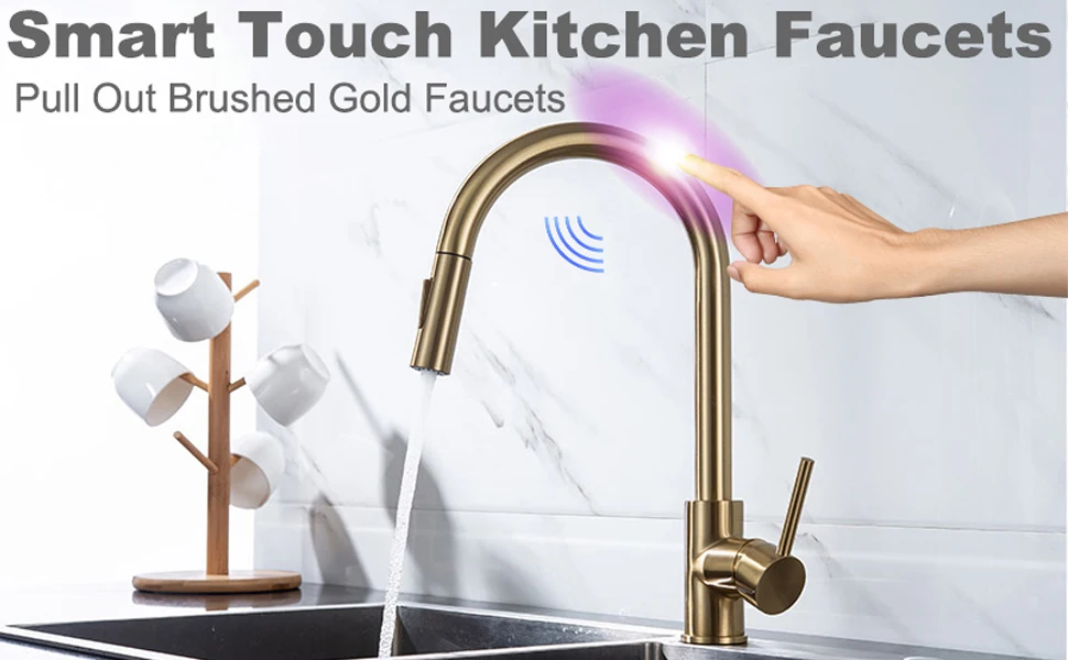 BrushedGoldPullOutTouchSensorKitchenFaucet360RotationSmartKitchenFaucetSensorTapFaucetSingleHandleMi-2008403-1