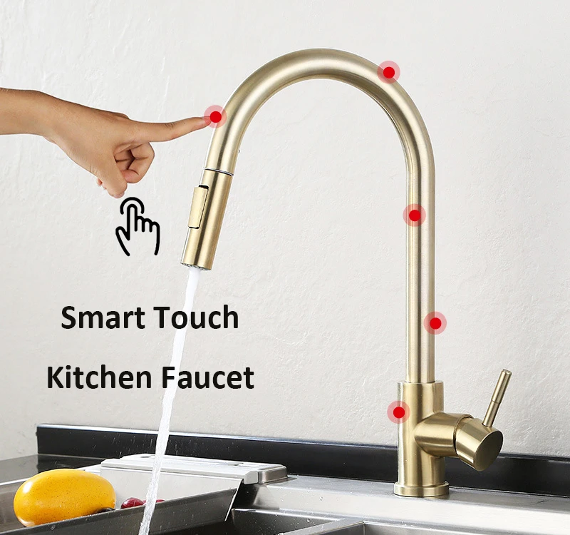 BrushedGoldPullOutTouchSensorKitchenFaucet360RotationSmartKitchenFaucetSensorTapFaucetSingleHandleMi-2008403-2