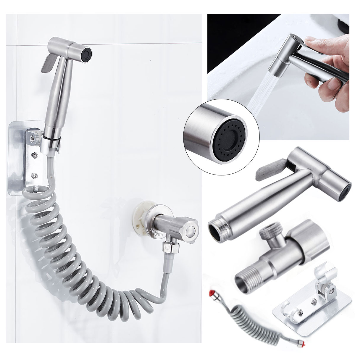 StainlessSteelHandheldDoucheBidetSprayShowerHeadToiletAdapterHoseKit-1678672-9