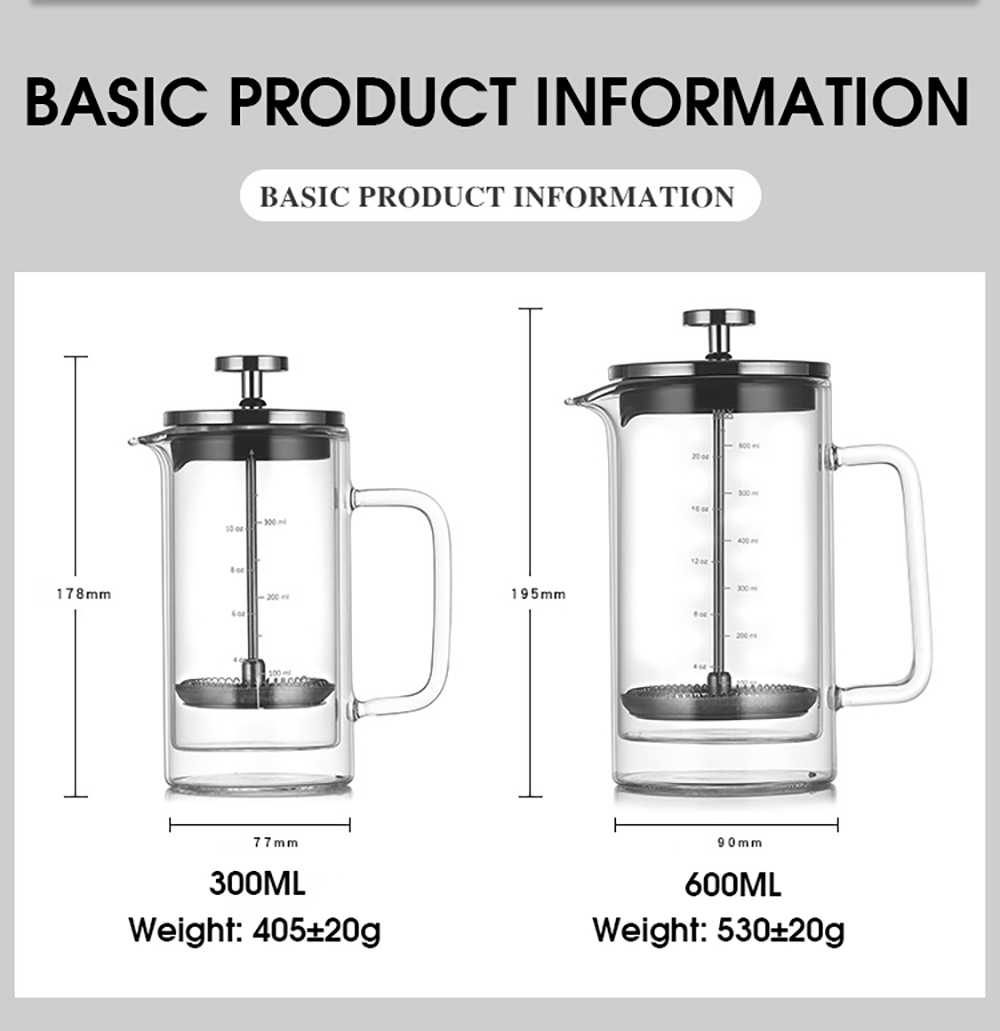 300ML600MLDoubleLayerFrenchPressPotHandBrewCoffeeFilterPressPotHeatResistantTeapotCoffeeMaker-1991983-8