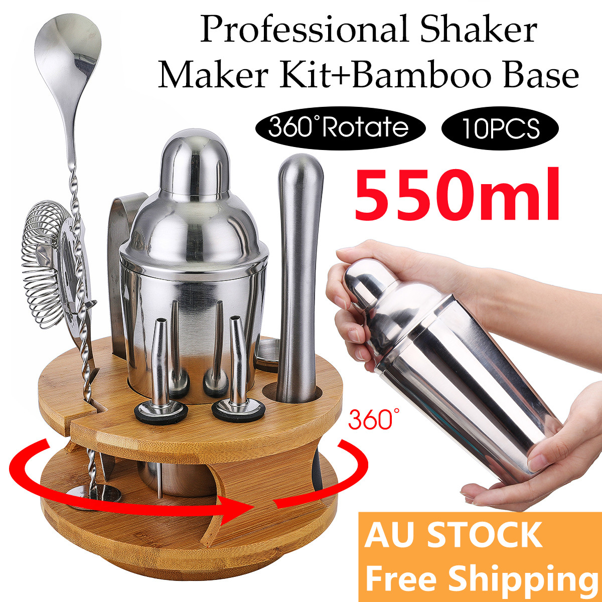 9PcsCocktailStainlessSteelShakerSetCocktailEdelstahlBarSetMixerSilber-1545457-1