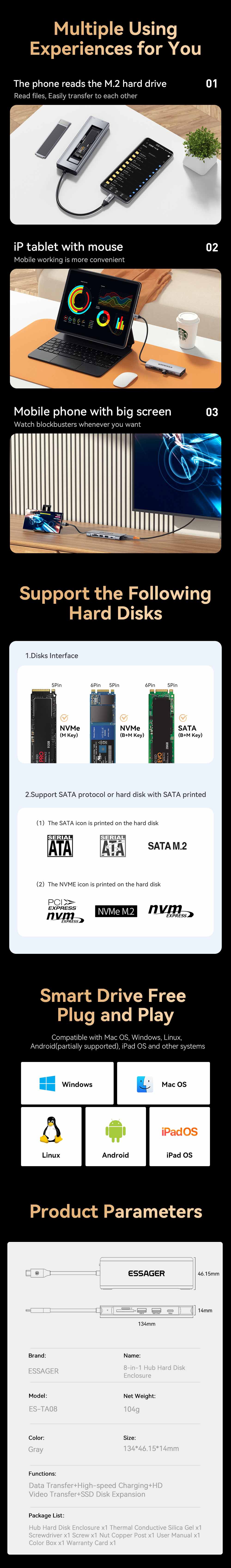 ESSAGER8-in-1DockingStationwithDiskStorageUSB20USB32Gen210GbpsUSB-CDataPD100WUSB-C4K30HzHDMISDTFCard-1990895-2