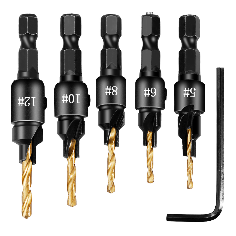 5pcsCountersinkDrillWoodworkingDrillBitSetDrillingPilotHolesForScrewSizes5681012-1979497-1