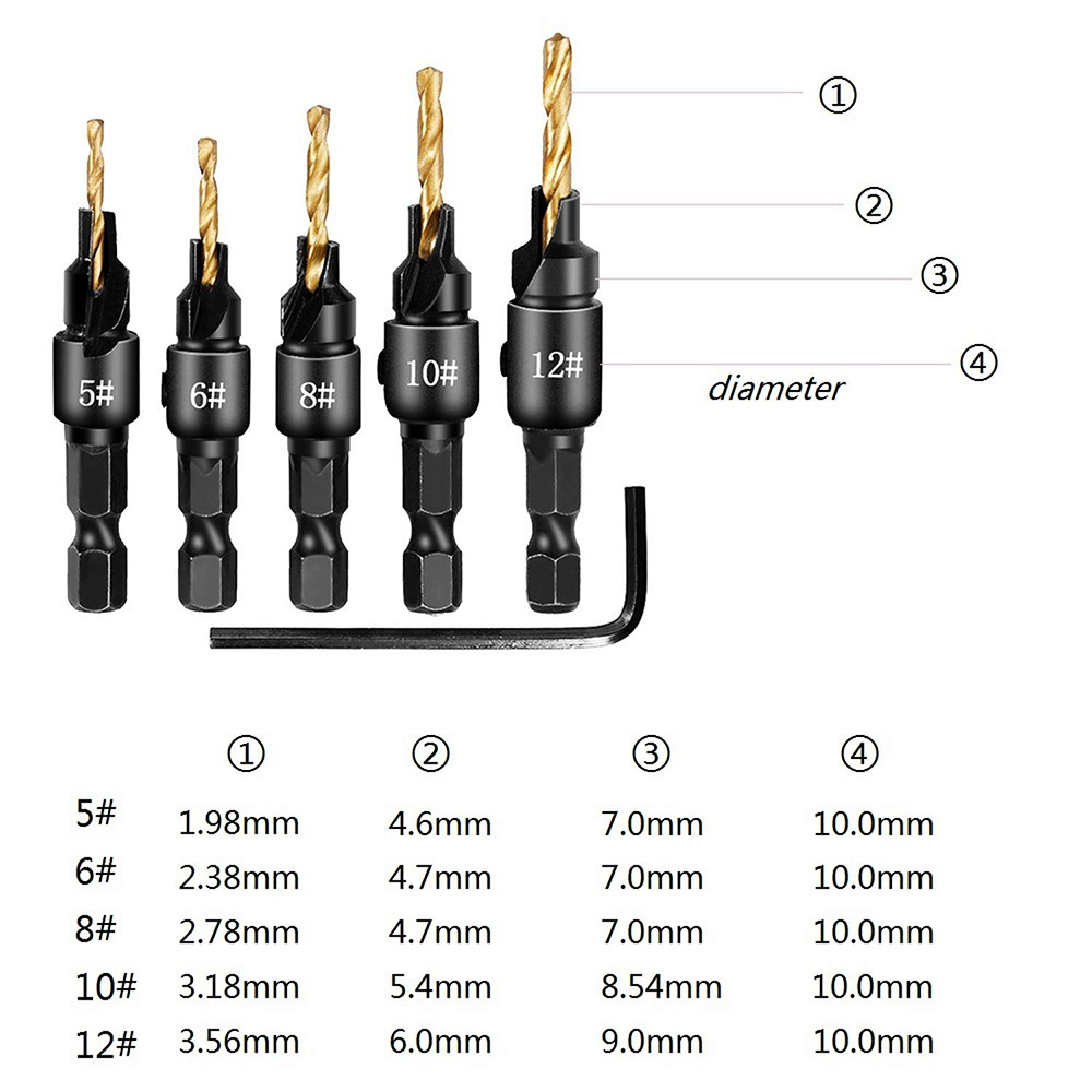 5pcsCountersinkDrillWoodworkingDrillBitSetDrillingPilotHolesForScrewSizes5681012-1979497-5