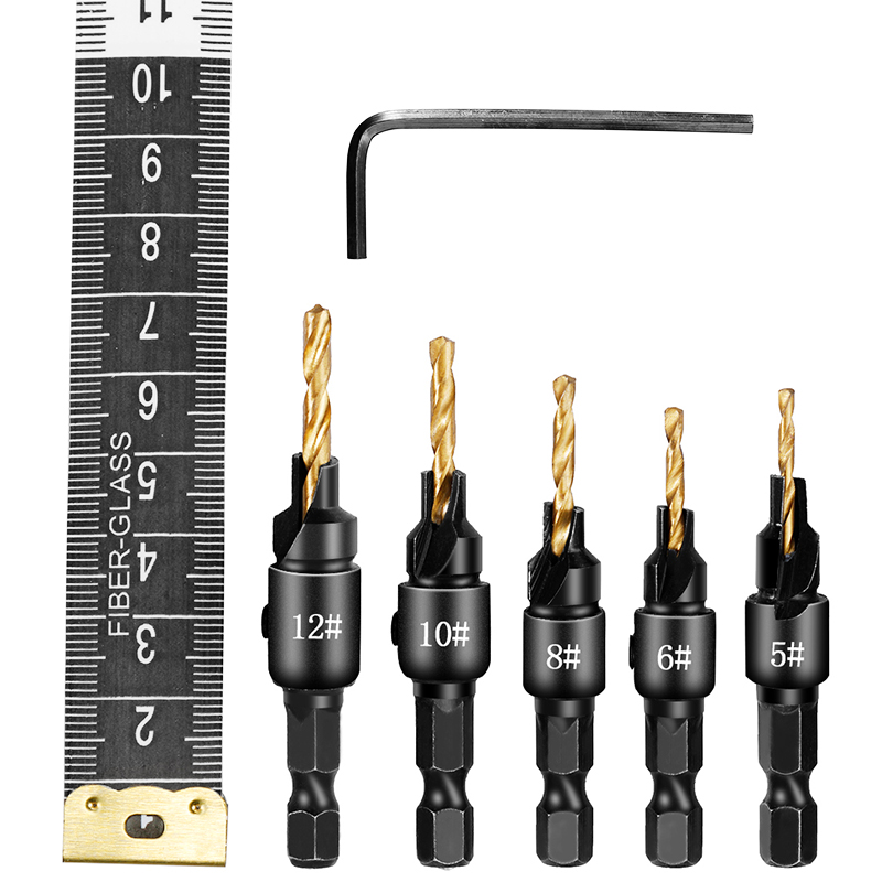 5pcsCountersinkDrillWoodworkingDrillBitSetDrillingPilotHolesForScrewSizes5681012-1979497-6