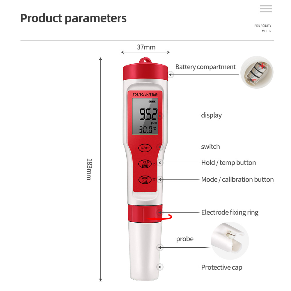 4in1PHMeterPHTDSECTemperatureMeterDigitalWaterQualityMonitorTesterforPoolsDrinkingWaterAquariumsEZ99-1980402-5