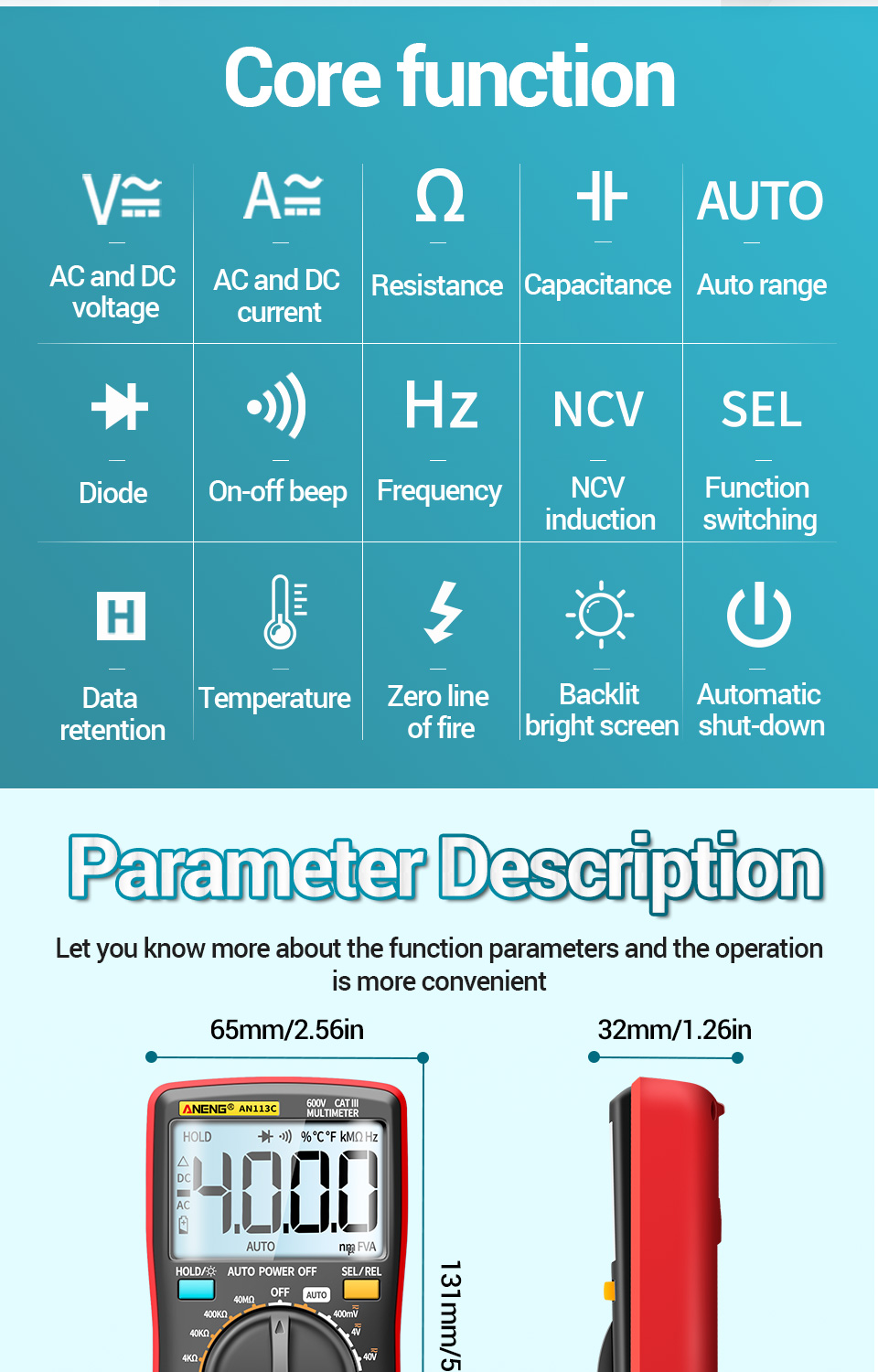 ANENGAN113CIntelligentAutoMeasureDigitalMultimeter4000CountsTrueRMSLCDDigitalMultimeterPortableACDCT-1863772-2