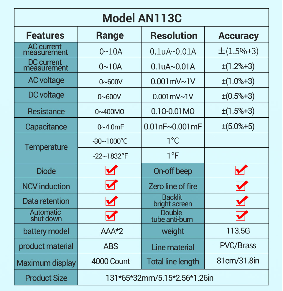 ANENGAN113CIntelligentAutoMeasureDigitalMultimeter4000CountsTrueRMSLCDDigitalMultimeterPortableACDCT-1863772-4