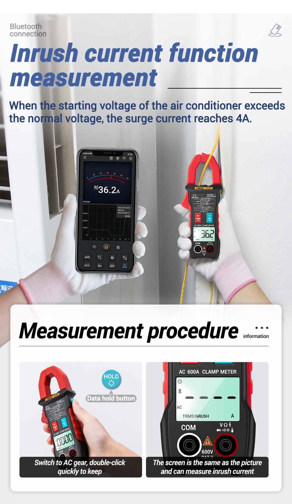 ANENGST207DigitalbluetoothMultimeterClampMeter6000CountsTrueRMSDCACVoltageTesterACCurrentHzCapacitan-1762792-5