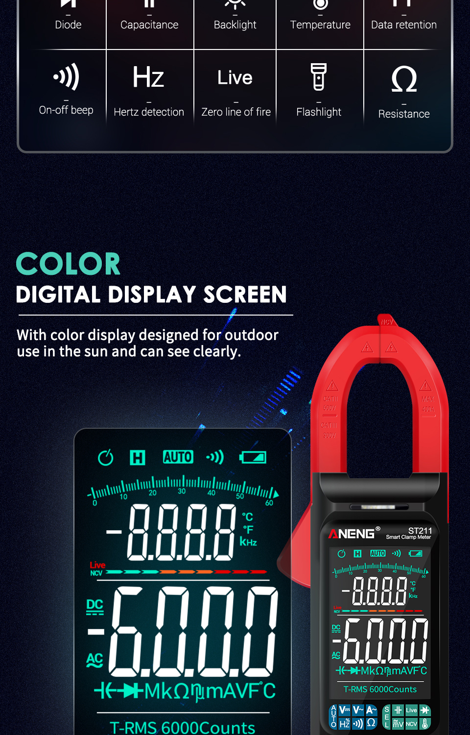 ANENGST211DigitalClamp-OnCurrentMultimeter6000CountsTrueRMSLargeColorDisplayIntelligentManualAutomat-1888192-2