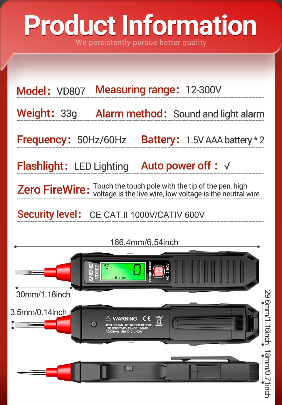 ANENGVD807VoltageTesterPenHigh-SensitivityInduction12-300VMeasurementRangewithSoundandLightAlarmSyst-2001024-4