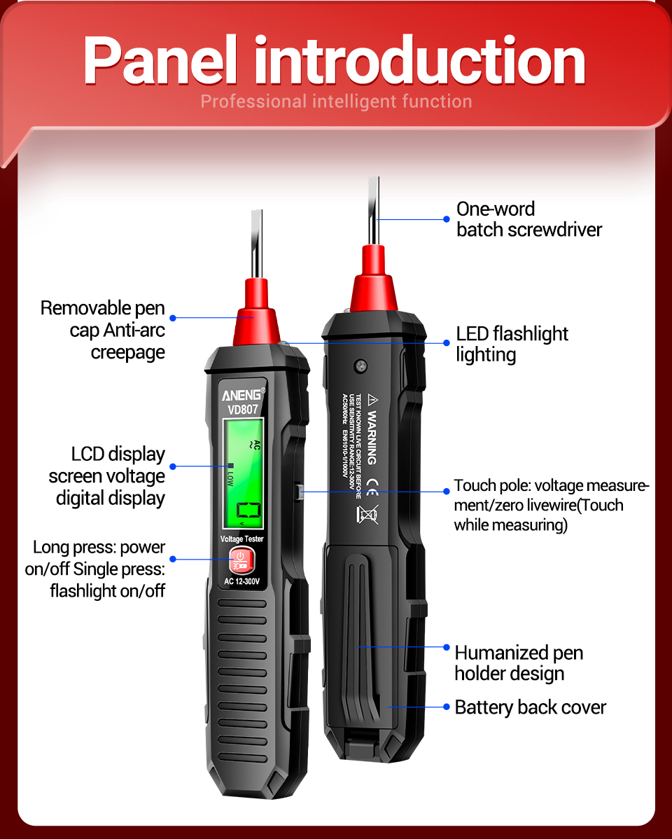 ANENGVD807VoltageTesterPenHigh-SensitivityInduction12-300VMeasurementRangewithSoundandLightAlarmSyst-2001024-5