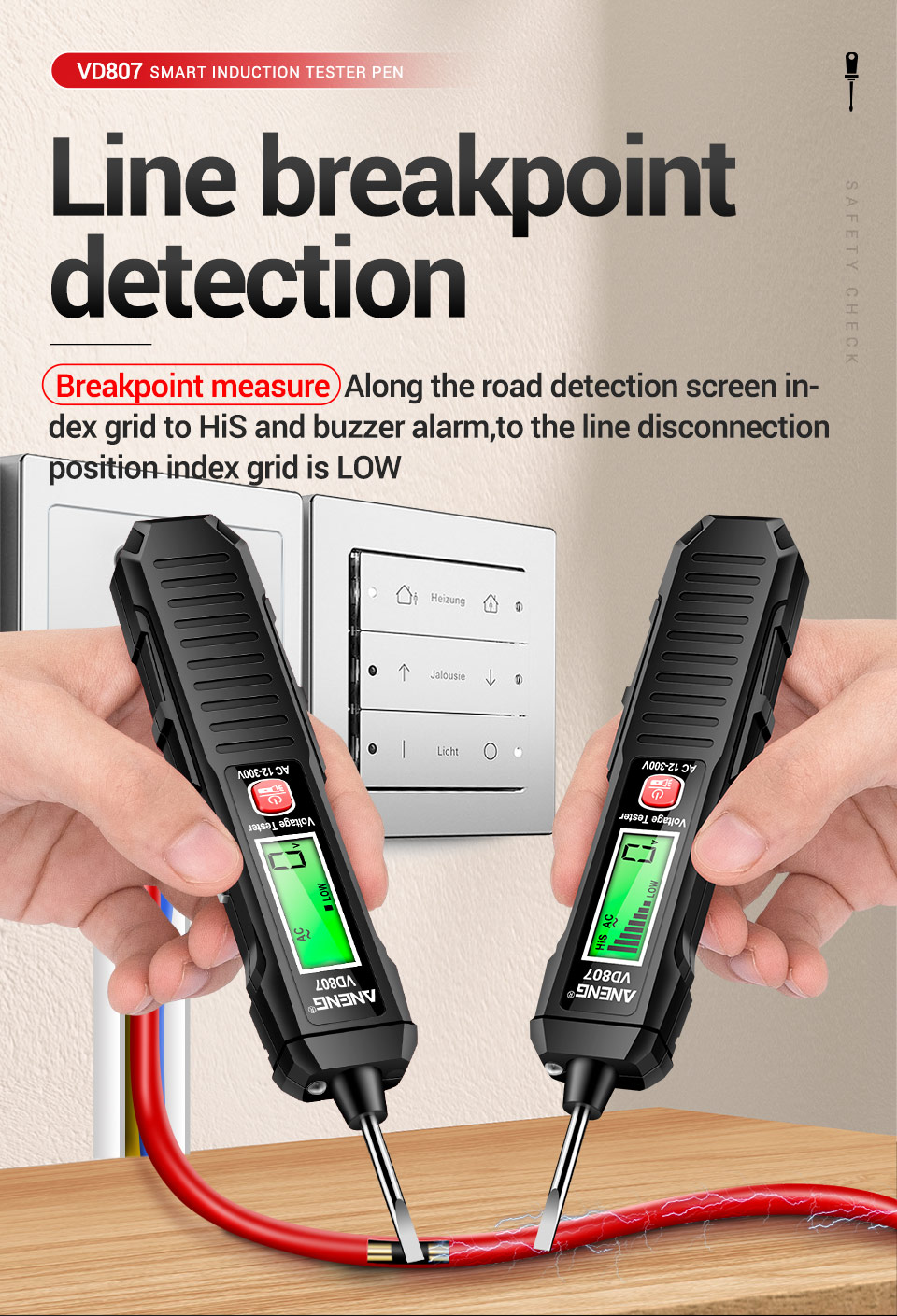 ANENGVD807VoltageTesterPenHigh-SensitivityInduction12-300VMeasurementRangewithSoundandLightAlarmSyst-2001024-10