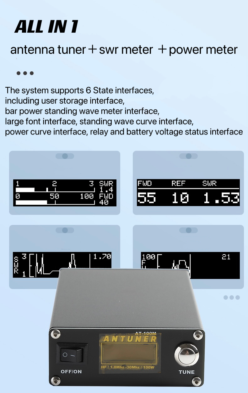 ANTUNERAT100M18mhz-30mhz100WAntennaTunerBuilt-inStandingWaveMeterPowerMeterForHFRadioUSDXG1MFT-818-1982809-2