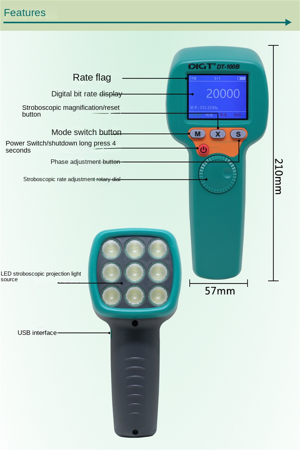 DT-100BDigitalHandheldStroboscopeLEDFlashStrobeTachometerNonContactRotationalSpeedAnalyzerRechargeab-1996306-2