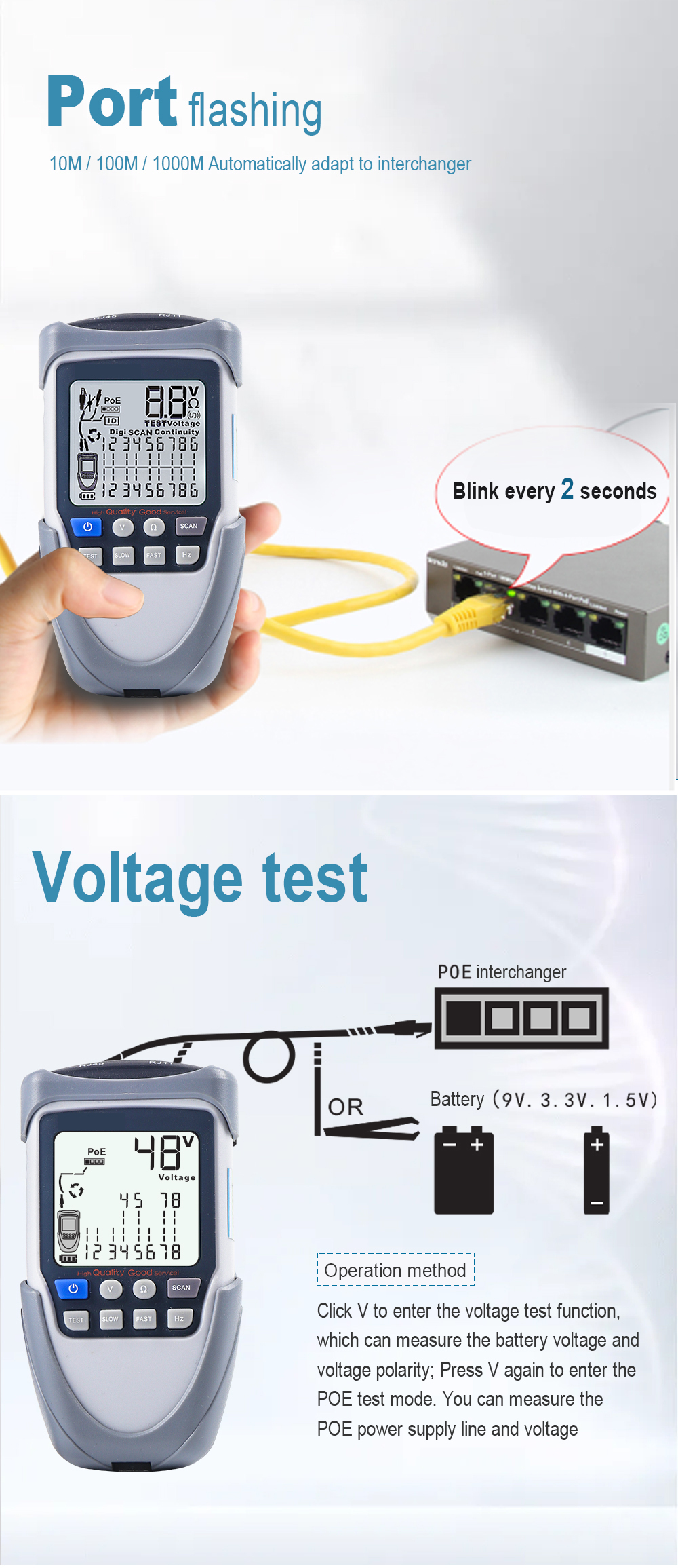 ET613ET612NetworkCableTesterPOETestLineFindingUnder60VNoiselessDigitalSearchStrongAnti-InterferenceT-1978003-4