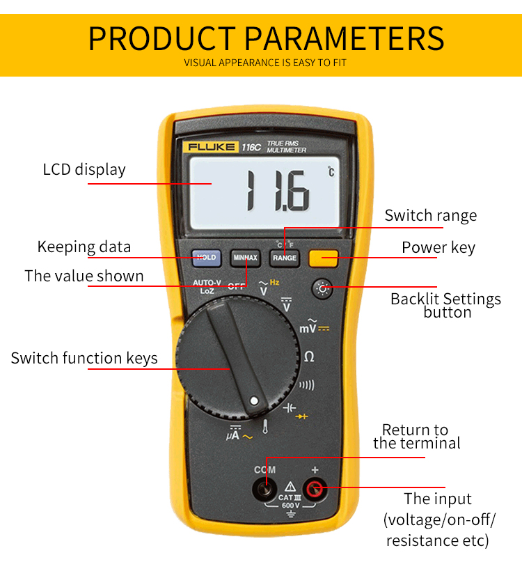 Fluke116CDigitalMultimeterMeasuresACDCVoltageTo600VandACDCCurrentto10AMeasuresResistanceContinuityFr-1988410-5