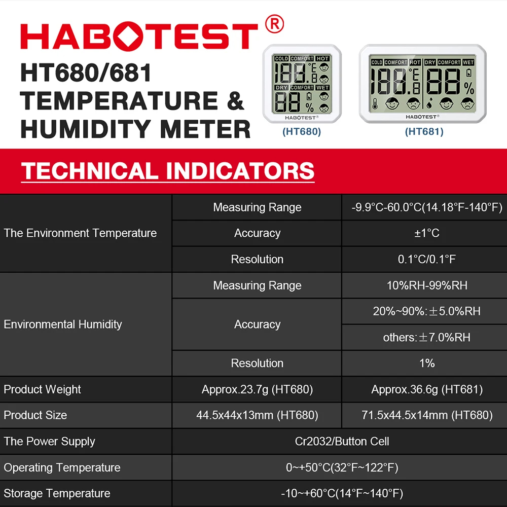 HABOTESTHT680HT681ThermometerHygrometerWeatherStationMiniThermometerLivingRoomLCDDigitalTemperatureH-2000689-5