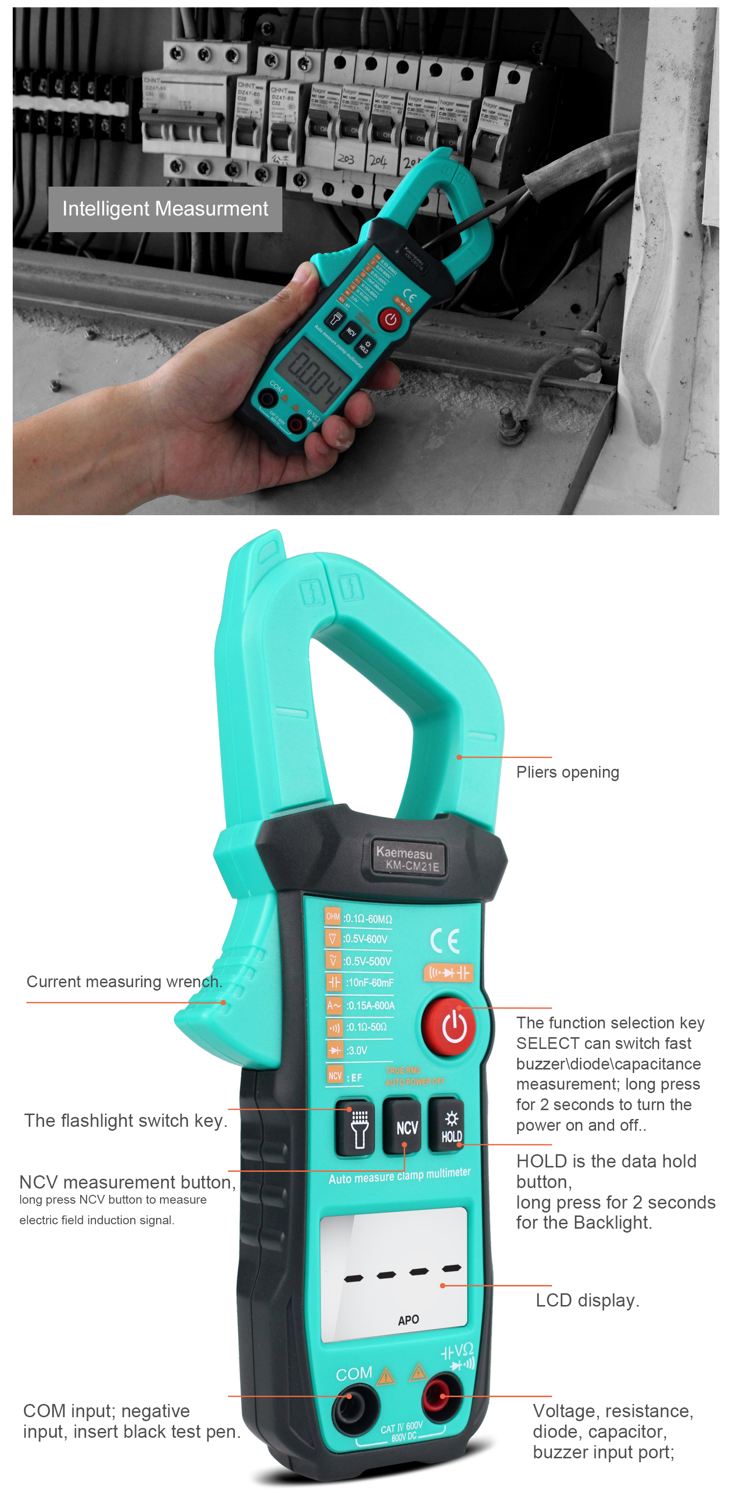 KaemeasuKM-CM21EIntelligentMultifunctionalClampMeterHighPrecisionElectriciansToolforACDCVoltageACCur-1993185-6