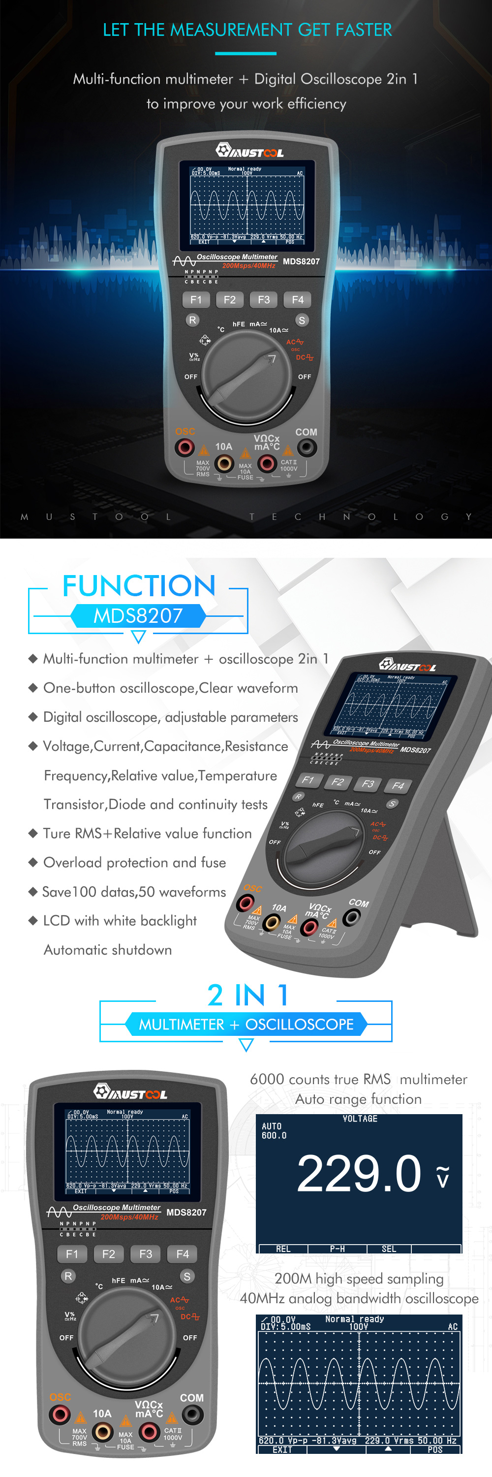 MUSTOOLMDS8207Intelligent2in1Digital40MHz200MspsSOscilloscope6000CountsTrueRMSMultimeter-1496130-3