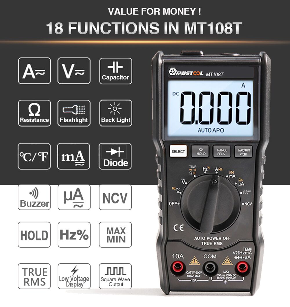 MUSTOOLMT108TTrueRMSNCVTemperatureTesterDigitalMultimeter6000CountsBacklightACDCCurrentVoltageResist-1296230-2