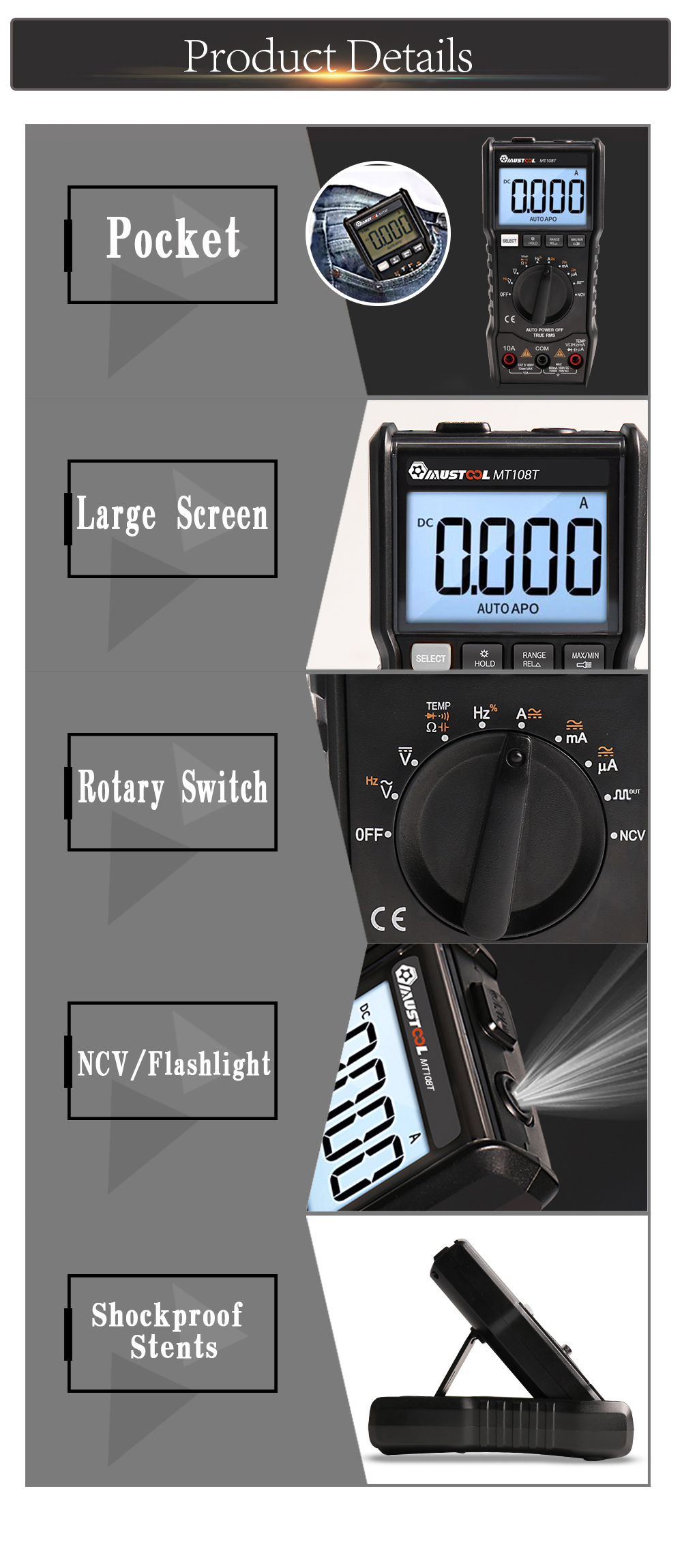 MUSTOOLMT108TTrueRMSNCVTemperatureTesterDigitalMultimeter6000CountsBacklightACDCCurrentVoltageResist-1296230-11