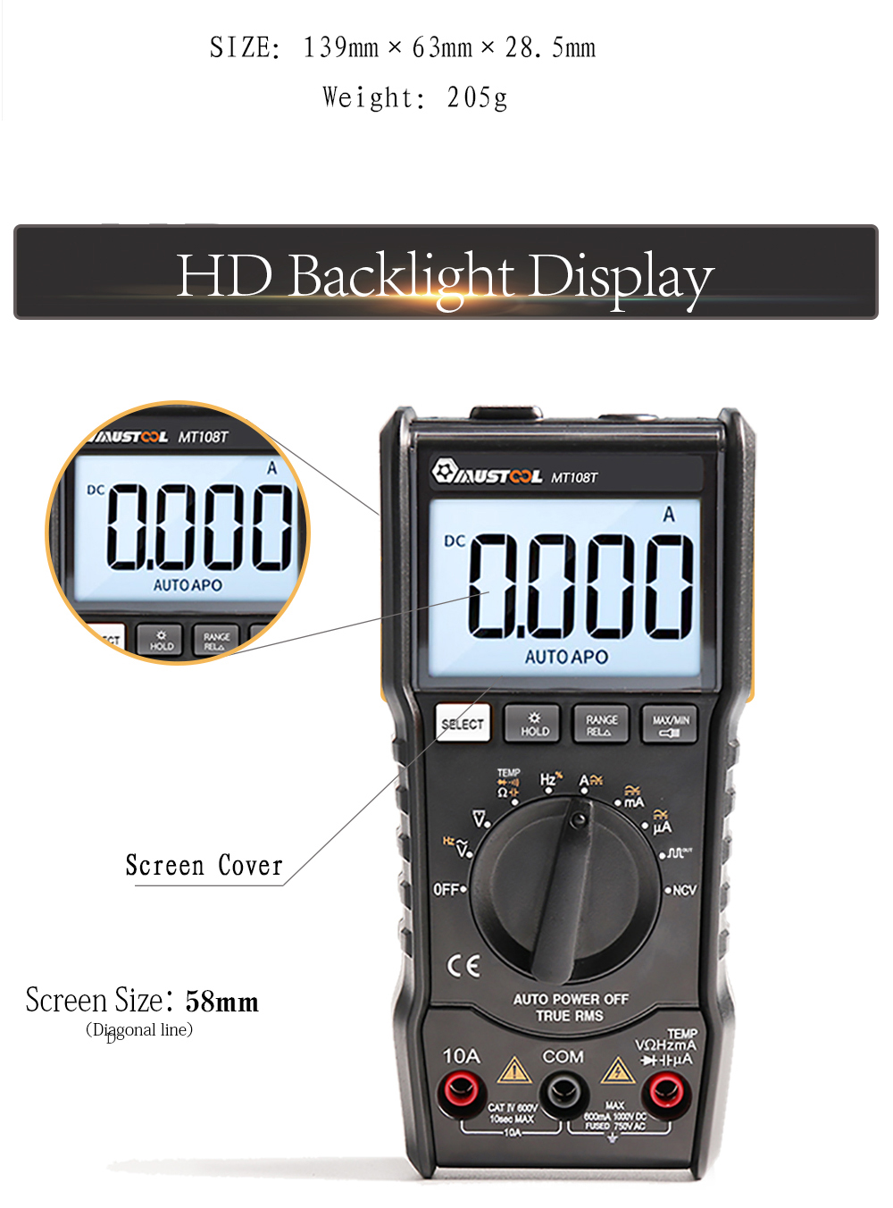 MUSTOOLMT108TTrueRMSNCVTemperatureTesterDigitalMultimeter6000CountsBacklightACDCCurrentVoltageResist-1296230-5