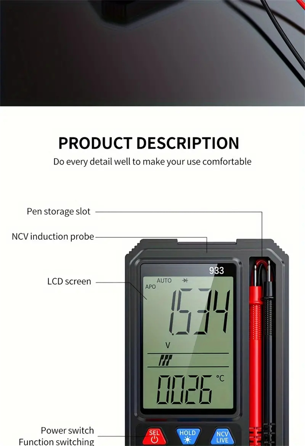 MultifunctionalMultimeter933933SwithIntelligentOverloadProtectionBacklitDisplayLiveNeutralTestingNon-2007512-13