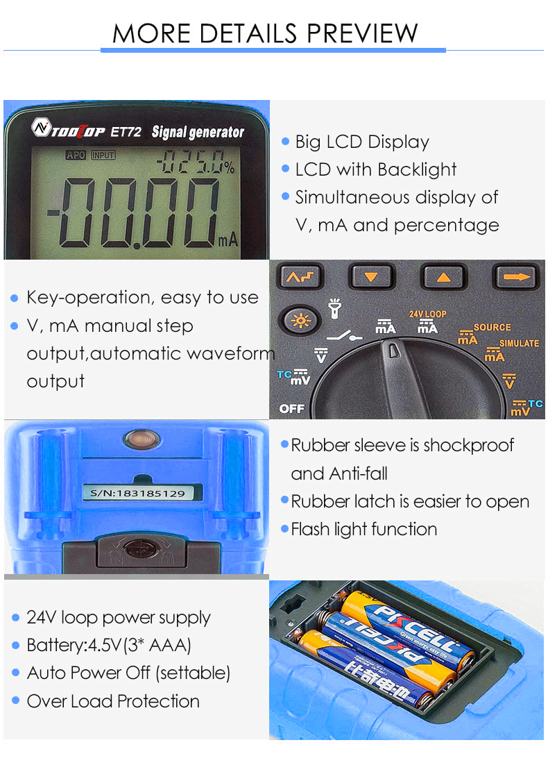 TOOLTOPET72SignalGeneratorThermocoupleCurrentVoltageLoopProcessCalibrator4-20mAAnalogTransmitterSour-1987636-7