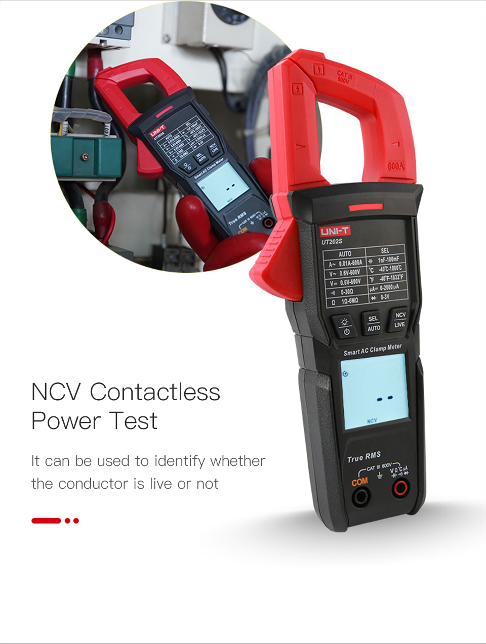 UNI-TDigitalClampMeterUT202SAC600ATrueRMSNCVAmmeterDCVoltageFrequencyHzCapacitanceDataHold6000Counts-1983366-2