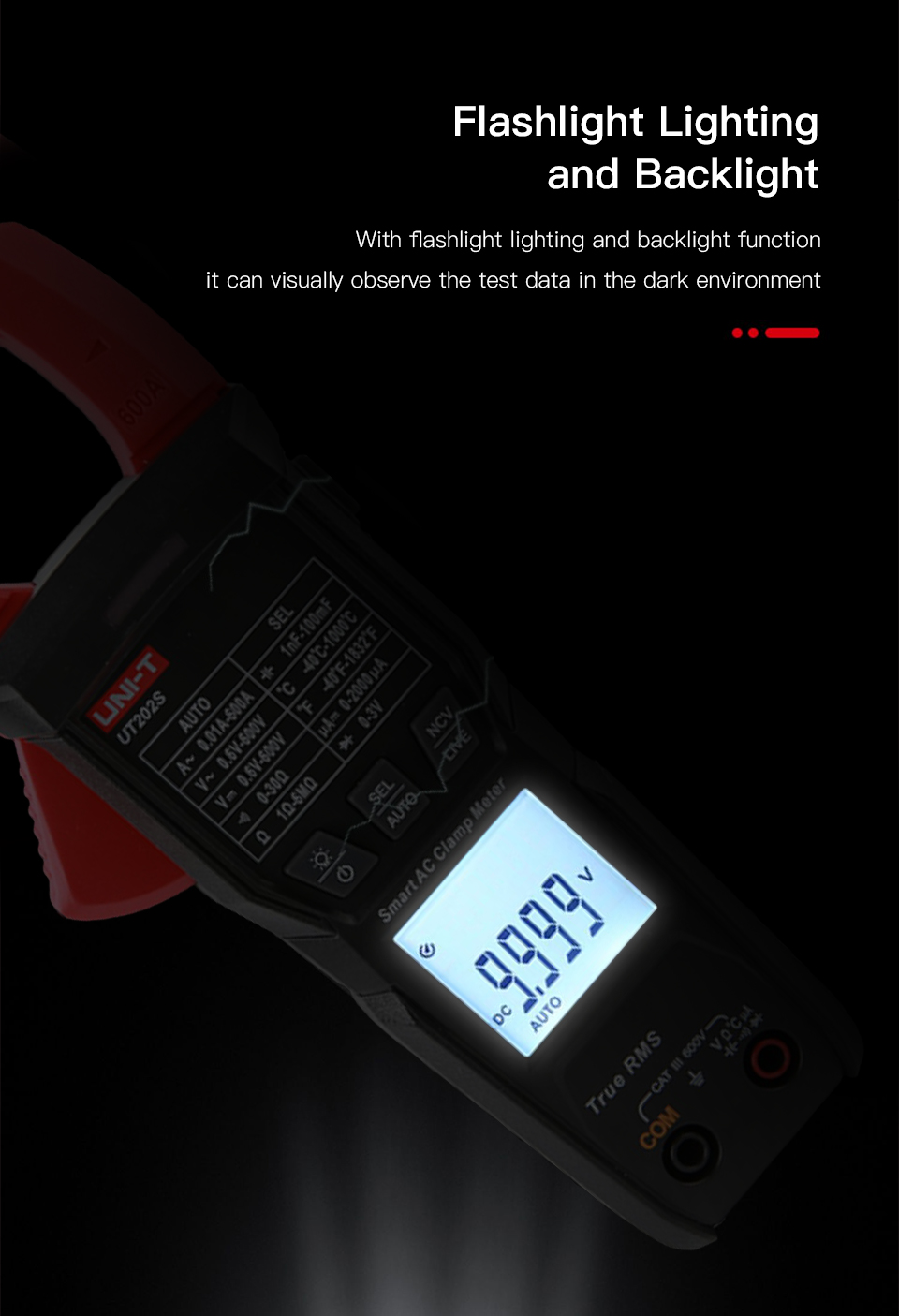 UNI-TDigitalClampMeterUT202SAC600ATrueRMSNCVAmmeterDCVoltageFrequencyHzCapacitanceDataHold6000Counts-1983366-3