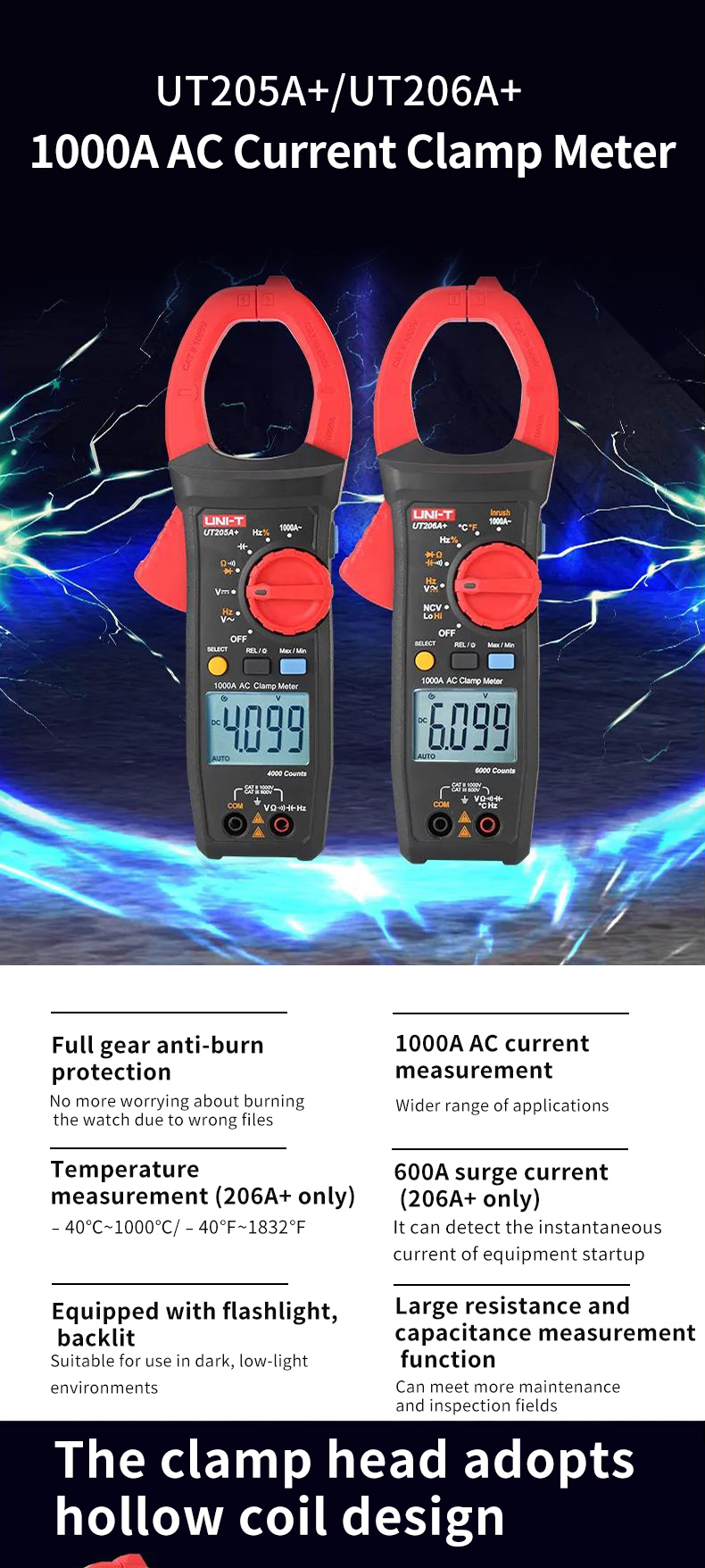 UNI-TDigitalClampMeterUT206A1000VACDCVoltage1000ACurrentAutoRangeTempResistanceMultimeterAmmeterTest-1983368-1