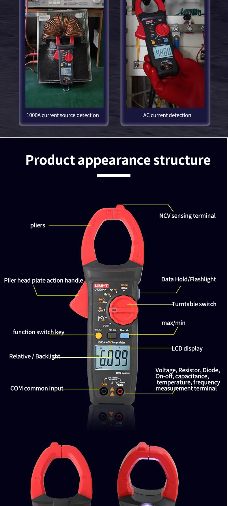 UNI-TDigitalClampMeterUT206A1000VACDCVoltage1000ACurrentAutoRangeTempResistanceMultimeterAmmeterTest-1983368-7