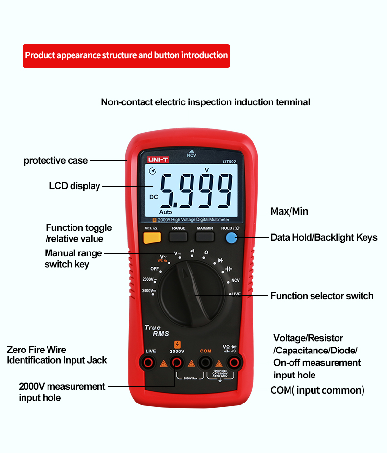 UNI-TDigitalMultimeterUT8922000VACDCVoltmeterTrueRMSCapacitorTesterFrequencyMeterNCVLIVETest-1984161-11