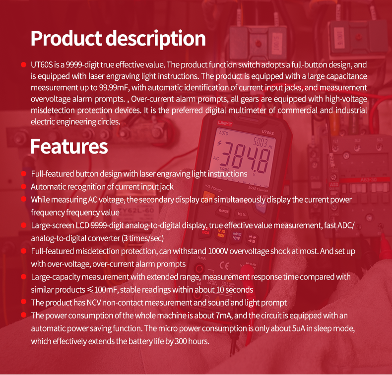 UNI-TDigitalSmartMultimeterUT60SUT60BT1000VACDCVoltmeterAmmeterTrueRMSCapacitorTemperatureTestermult-1983191-2