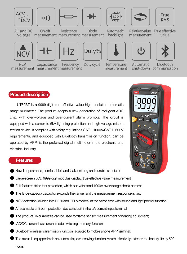 UNI-TDigitalSmartMultimeterUT60SUT60BT1000VACDCVoltmeterAmmeterTrueRMSCapacitorTemperatureTestermult-1983191-4