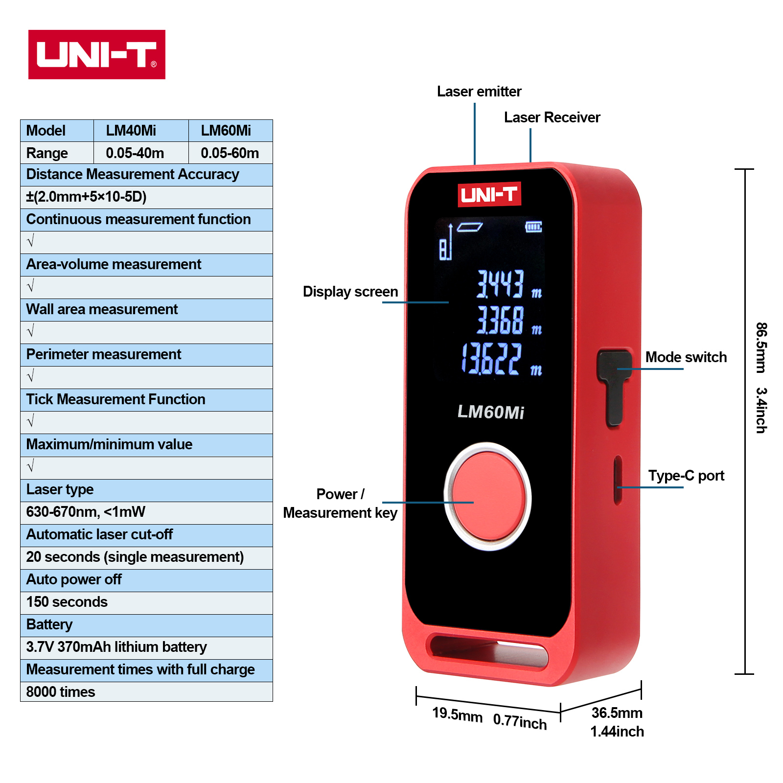 UNI-TLM40MiLM60MiMiniRechargeableLaserDistanceMeters40m60mDigitalElectronicRulerMeasuringInstrument-2012845-6