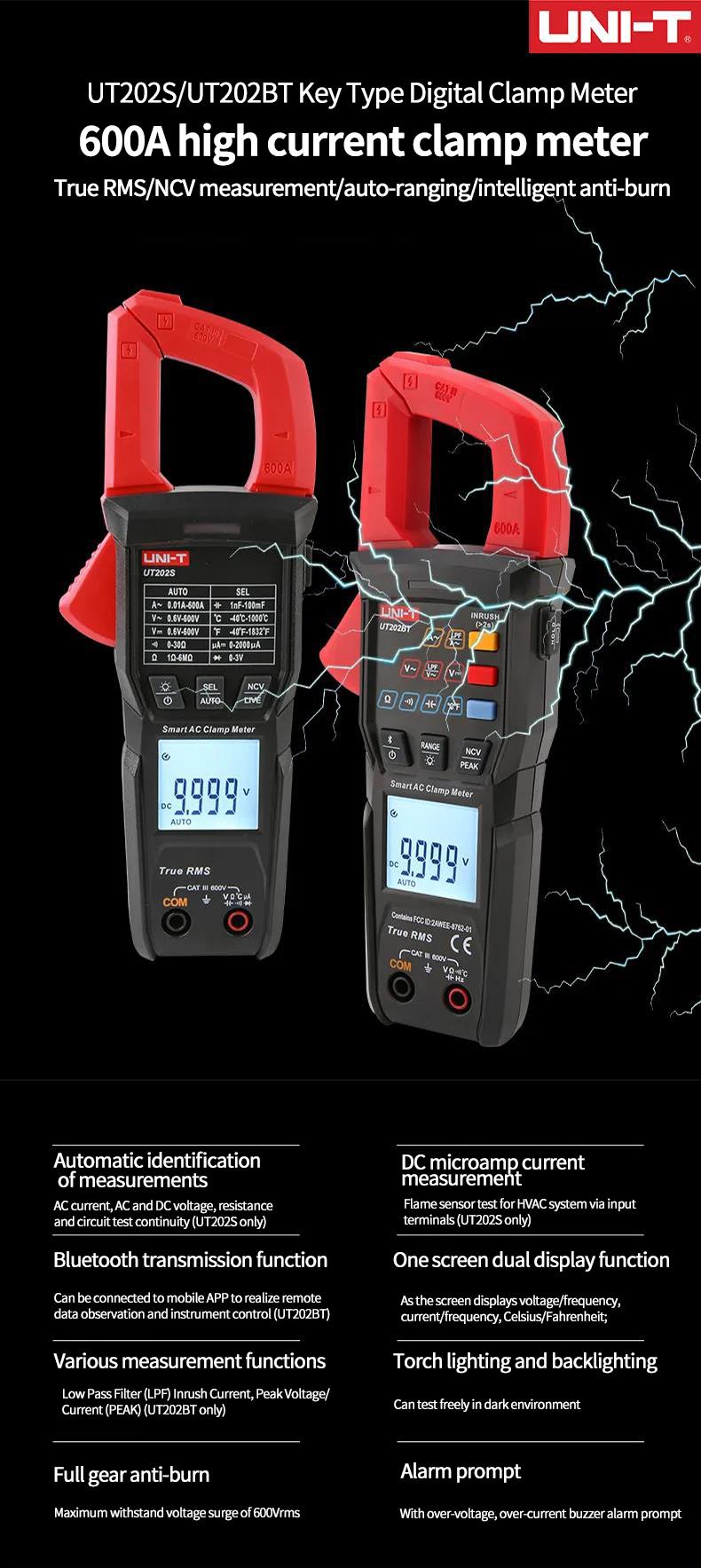 UNI-TNewDigitalClampMeterUT202BTBluetoothConnection600AACDCCurrentVoltage9999CountsTRMSNCVAmmeterTes-1983367-1
