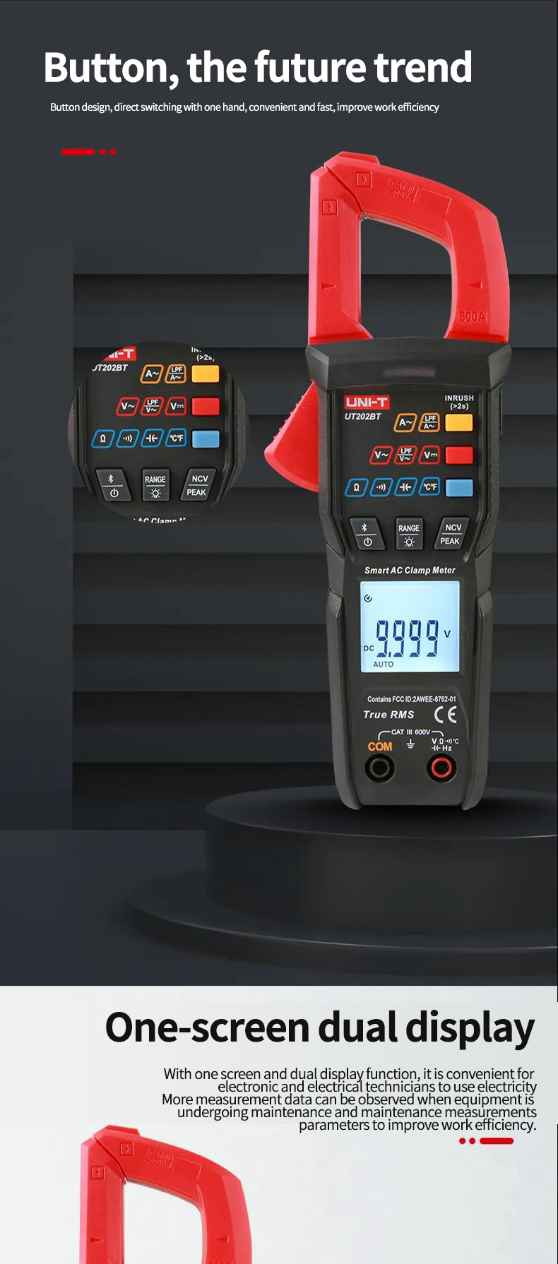 UNI-TNewDigitalClampMeterUT202BTBluetoothConnection600AACDCCurrentVoltage9999CountsTRMSNCVAmmeterTes-1983367-2